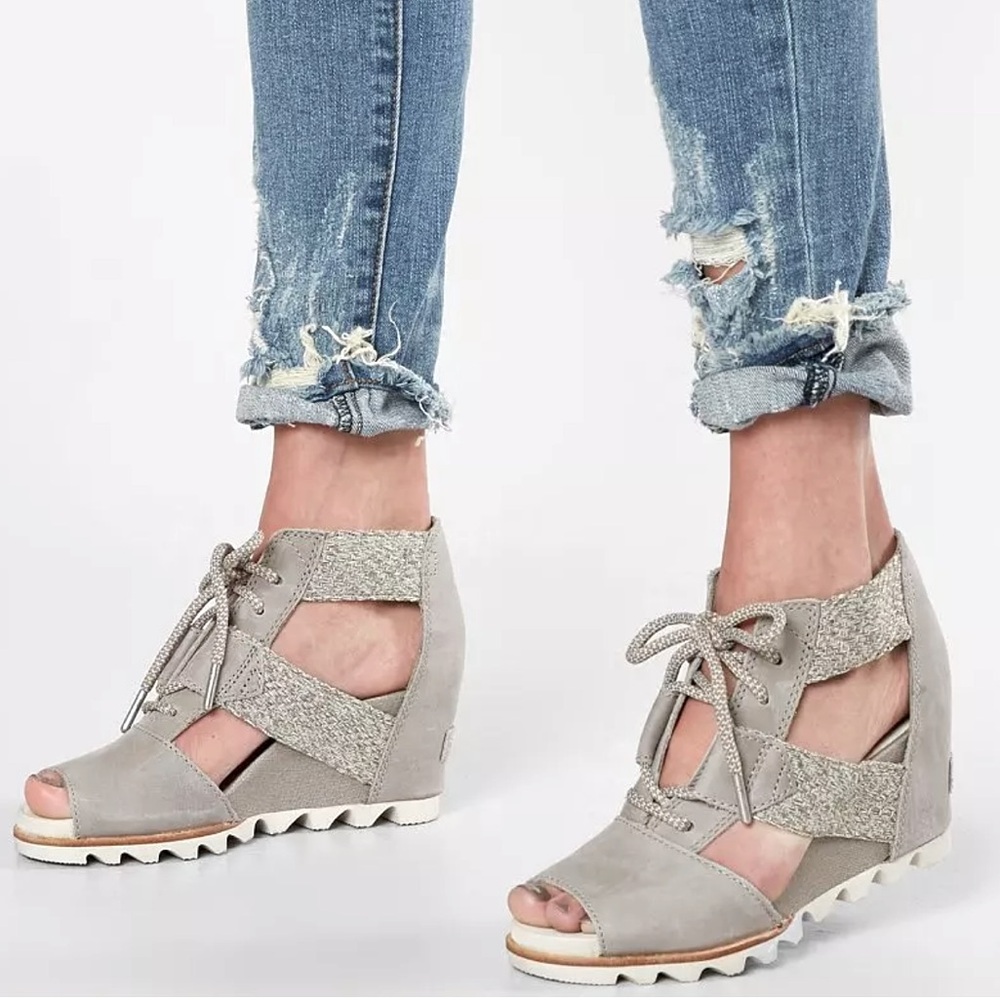 Sorel Strappy Canvas Leather Joanie Lace Up Wedge Sandals Kettle Grey  10.5